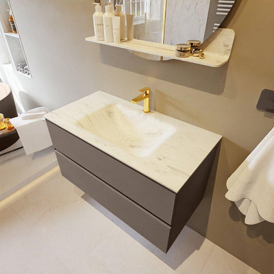 Mondiaz VICA-DLUX ensemble de meuble de salle de bain - 90cm - meuble sous-vasque fumée - 2 tiroirs - lavabo encastré nuage milieu - 1 trou de robinet - version haute 60cm - opalo