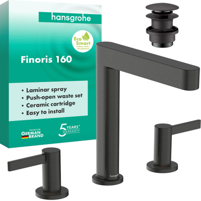 Hansgrohe Finoris wastafelkraan - model 60 - 3-gats - brushed black chrome (zwart)