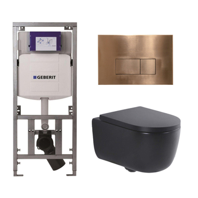 QeramiQ Dely Swirl Toiletset - 36.3x51.7cm - Geberit UP320 inbouwreservoir - met Burda frame - 35mm zitting - koperen bedieningsplaat - rechthoekige knoppen - mat zwart