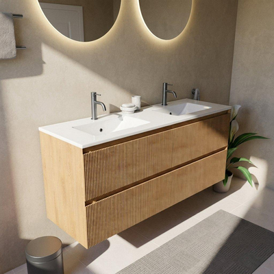 Saniclass Holz Atelier Ensemble de meubles de salle de bains - 140x45x62cm - Lavabo Vygo en céramique blanc - 2 vasques - 2 trous de robinetterie - 4 tiroirs - chêne naturel brillant (bois)