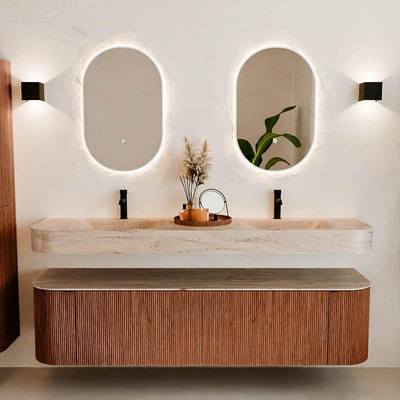 MONDIAZ THOR-DLUX 180cm meuble de salle de bains arrondi gauche + droite couleur Ruby avec 2 tiroirs et 2 portes. Vasque suspendue CLOUD Double 2 trous de robinet couleur Saba.