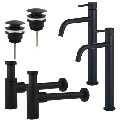 Fortifura Calvi Kit robinet lavabo - pour double vasque - robinet rehaussé - bonde clic clac - siphon design - Noir mat