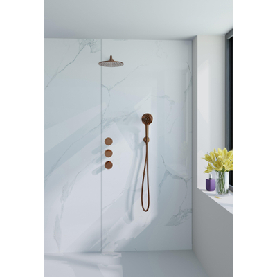 Fortifura Nebbio Regendoucheset - inbouwkraan - inbouwdeel - wandaansluitbocht - doucheslang glad - ronde handdouche - 35cm - wandarm - 30cm ronde hoofddouche - PVD - geborsteld koper