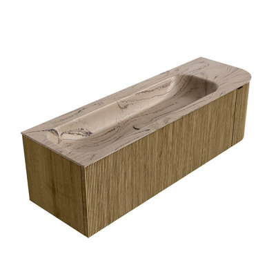 MONDIAZ KURVE-DLUX Meuble de salle de bains 145cm arrondi à droite couleur Dusk avec 1 tiroir et 1 porte. Lavabo BIG LARGE à gauche sans trou de robinet Arena.