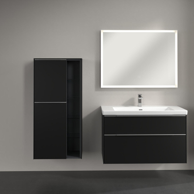 Villeroy & boch subway 3.0 armoire de salle de bains 60x35x120cm avec 2 portes à fermeture douce à gauche 5 compartiments ouverts en saillie avec poignée en aluminium brillant volcano noir panneau de particules