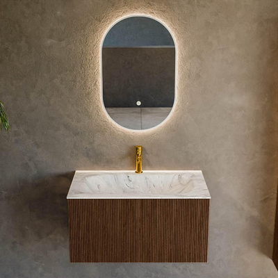 MONDIAZ KURVE-DLUX 80cm badmeubel kleur Walnut met 1 lade. Wastafel BIG SMALL midden 1 kraangat kleur Glace.