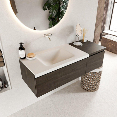 MONDIAZ BUKLA 120cm badmeubel met module 40 kleur Dark Brown met 2 lades. Wastafel CLOUD links 0 kraangaten kleur Talc.