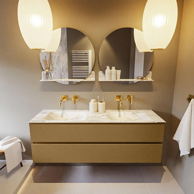 Mondiaz VICA-DLUX ensemble de meuble de salle de bain - 150cm - meuble sous-vasque oro - 2 tiroirs - lavabo encastré cloud double - sans trous de robinet - version haute de 60cm - glace