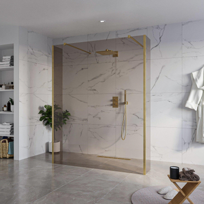 Fortifura Galeria Douche à l'italienne - 160x200cm - verre fumé - anticalcaire - verre de sécurité 8mm - 2 parois latérales 30cm - avec bras muraux et profilés d'angle - Laiton brossé (doré)