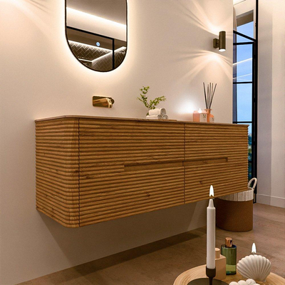 Mondiaz CIRO-DLUX Meuble de salle de bains - 150x45x50cm - Plan vasque solid surface Arena - 1 lavabo à gauche - sans trous de robinetterie - 4 tiroirs - Chêne