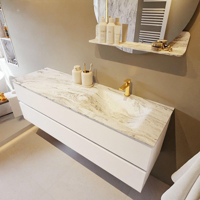 Mondiaz VICA-DLUX ensemble de meuble de salle de bain - 150cm - meuble sous-vasque talc - 2 tiroirs - lavabo encastré cloud droite - 1 trou de robinet - version haute de 60cm - glace