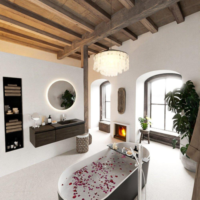 MONDIAZ BUKLA 120cm ensemble de meuble avec module 40 couleur Marron Foncé avec 2 tiroirs. Lavabo CLOUD à droite 1 trou de robinet couleur Urban.