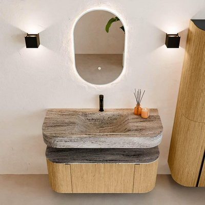 MONDIAZ THOR-DLUX 110cm badmeubel ronding links + rechts kleur Oak met 1 lade en 2 deuren. Vrijhangende wastafel CLOUD Midden 1 kraangat kleur Oza.