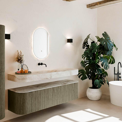 MONDIAZ THOR-DLUX 170cm meuble de salle de bains arrondi gauche + droite couleur Shadow avec 1 tiroir et 2 portes. Vasque suspendue CLOUD Milieu sans trou de robinet couleur Frappe.