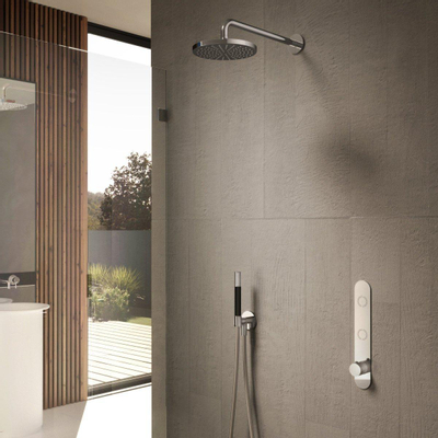 Hotbath Cobber Ensemble de douche de tête encastré - bras de douche mural 35 cm - douche de tête ronde 20 cm - douchette barre - nickel brossé