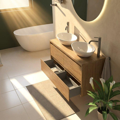 Saniclass Holz Pure Ensemble de meuble de salle de bains - 120x45x63cm - Plan de travail en pierre naturelle travertin - 2 trous de robinetterie - 4 tiroirs - chêne natural mat (bois)