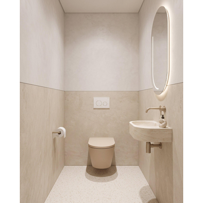 QeramiQ Dely Toiletset - 36.3x51.7cm - diepspoel - rimless - Geberit UP320 inbouwreservoir - softclose toilet zitting - 35mm - glans witte bedieningsplaat - ronde knoppen - mat beige