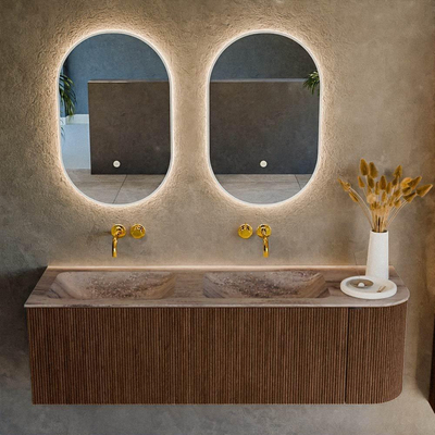 MONDIAZ KURVE-DLUX 145cm badmeubel ronding Rechts kleur Walnut met 1 lade en 1 deur. Wastafel LEAF Dubbel / Links zonder kraangat Oza.