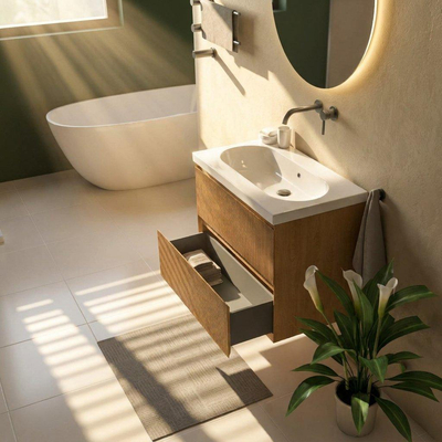 Saniclass Holz Atelier Ensemble de meubles de salle de bains - 80x45x63.5cm - lavabo Palermo en céramique blanc - 1 vasque - sans trou de robinet - 2 tiroirs - chêne natural mat (bois)