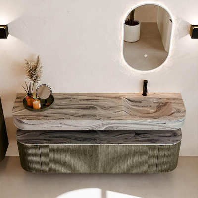 MONDIAZ THOR-DLUX 170cm meuble de salle de bains arrondi gauche + droite couleur Shadow avec 1 tiroir et 2 portes. Vasque suspendue CLOUD Droite 1 trou de robinet couleur Sombra.