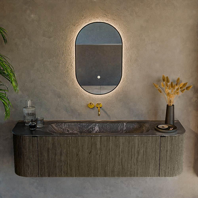 Mondiaz KURVE-DLUX Badkamermeubelset - 160x46x40cm - 1 lade - 2 deuren - wastafel solid surface - midden - zonder kraangat - Shadow