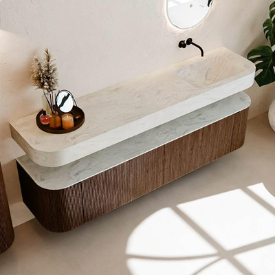 MONDIAZ THOR-DLUX Meuble de salle de bains 190cm arrondi gauche + droite couleur Walnut avec 2 tiroirs et 2 portes. Vasque suspendue CLOUD Droite sans trou de robinet couleur Opalo.