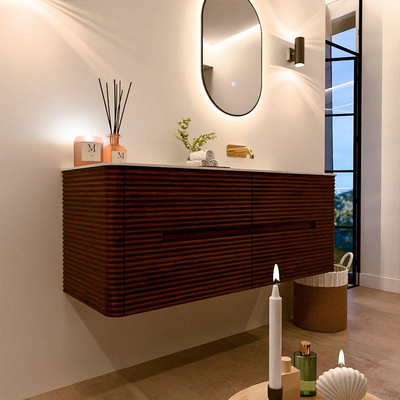 Mondiaz CIRO-DLUX Badkamermeubelset - 130x45x50cm - Solid surface wastafel Opalo - 1 wasbak Rechts - zonder kraangaten - 4 lades - Ruby