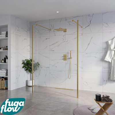 FugaFlow Eccelente Vetro Vrijstaande inloopdouche badkamer - 140x200cm - Helder - antikalk - 8mm veiligheidsglas - 2 zijwanden 40cm - met wandarmen en hoekprofielen - Messing geborsteld (goud) -