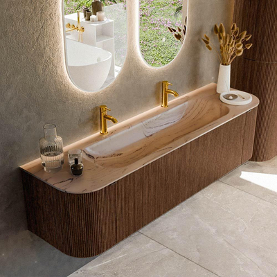 MONDIAZ KURVE-DLUX 170cm badmeubel ronding Links + Rechts kleur Walnut met 1 lade en 2 deuren. Wastafel BIG LARGE Midden 2 kraangaten Arena.