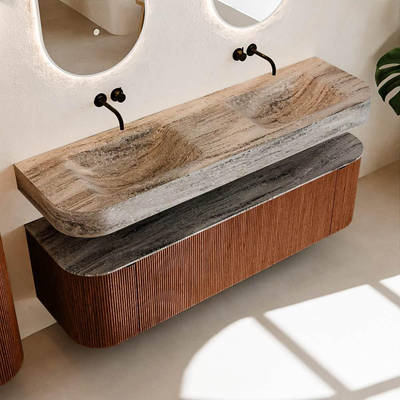 MONDIAZ THOR-DLUX 160cm meuble de salle de bains arrondi gauche + droite couleur Ruby avec 1 tiroir et 2 portes. Vasque suspendue CLOUD Double sans trou de robinet couleur Oza.