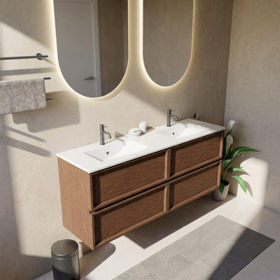 Saniclass Holz Frame Ensemble de meubles de salle de bains - 160x45x62cm - Lavabo en céramique Vygo blanc - 2 vasques - 2 trous de robinetterie - 4 tiroirs - mat walnut pure (bois)