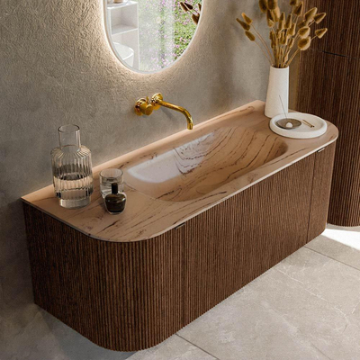 MONDIAZ KURVE-DLUX Meuble de salle de bains 120cm arrondi Gauche + Droite couleur Walnut avec 1 tiroir et 2 portes. Plan-vasque BIG SMALL Central sans trou de robinet Arena.