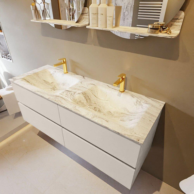 Mondiaz VICA-DLUX ensemble de meuble de salle de bain - 130cm - meuble sous-vasque lin - 4 tiroirs - lavabo encastrée nuage double - 2 trous de robinet - version haute de 60cm - glace