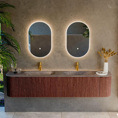 MONDIAZ KURVE-DLUX Meuble de salle de bains 200cm arrondi gauche + droite couleur Ruby avec 2 tiroirs et 2 portes. Lavabo STOR SMALL Double 2 trous de robinet Oza.