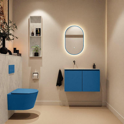 MONDIAZ TURE-DLUX Meuble toilette - 80cm - Jeans - EDEN - vasque Opalo - position gauche - sans trou de robinet