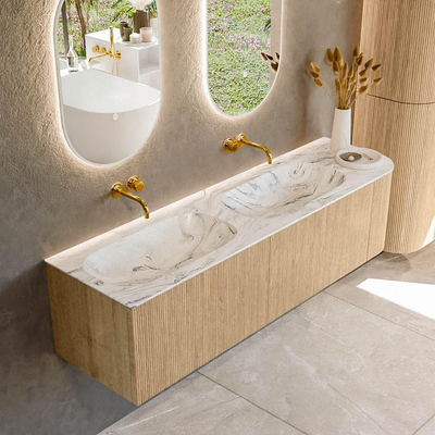 MONDIAZ KURVE-DLUX 165cm Meuble salle de bain avec module 25 D - couleur Oak - 2 tiroirs - 1 porte - vasque STOR SMALL double / gauche - sans trou de robinet - couleur Glace