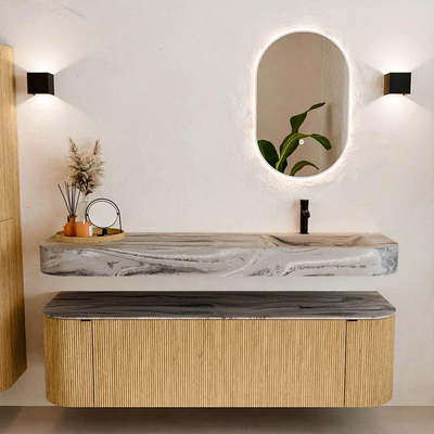 MONDIAZ THOR-DLUX 160cm badmeubel ronding links + rechts kleur Oak met 1 lade en 2 deuren. Vrijhangende wastafel CLOUD Rechts 1 kraangat kleur Sombra.