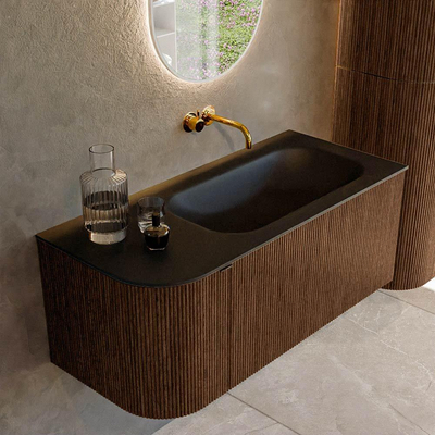 MONDIAZ KURVE 105cm badmeubel met module 25 L kleur Walnut met 1 lade en 1 deur. Wastafel BIG SMALL rechts zonder kraangat Urban.