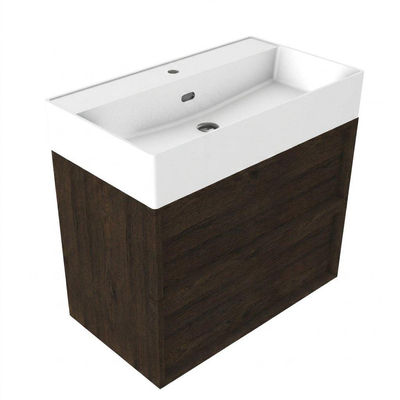 Saniclass Holz Frame Ensemble de meubles de salle de bains - 80x45x72cm - Legend lavabo en céramique blanc mat - 1 vasque - 1 trou de robinetterie - 2 tiroirs - chêne charcoal mat (bois)