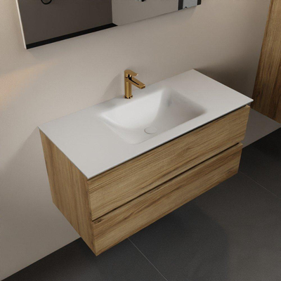 Mondiaz AIVY Ensemble de meuble - 100x45x50cm - 1 trou de robinet - 1 vasque talc Solid surface - Centre - 2 tiroirs - avec miroir - Melamine Chai