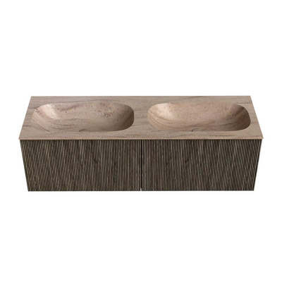 MONDIAZ KURVE-DLUX Meuble de salle de bains 140cm couleur Shadow avec 2 tiroirs et 0 portes. Lavabo STOR SMALL Double 2 trous de robinet Saba.