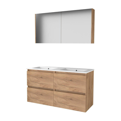 Basic-Line Comfort 46 ensemble de meubles de salle de bain 120x46cm sans poignée 4 tiroirs lavabo en porcelaine 2 trous de robinetterie armoire de toilette mfc whisky oak