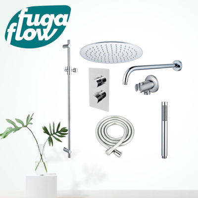 FugaFlow Eccelente Sobrado Ensemble de douche pluie encastrable - thermostatique - bras mural - barre curseur - pommeau 25cm - douchette stick - Chrome