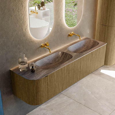 MONDIAZ KURVE-DLUX Meuble de salle de bains 165cm arrondi à gauche couleur Dusk avec 2 tiroirs et 1 porte. Lavabo STOR SMALL Double / Droite sans trou de robinet Oza.