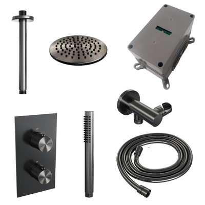 Brauer Gunmetal Carving Regendoucheset inbouw - hoofddouche 20cm - plafondarm 20cm - 2 functies - inclusief inbouwdeel - handdouche Staaf 1 stand - PVD - geborsteld gunmetal