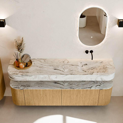 MONDIAZ THOR-DLUX Meuble de salle de bains - 180cm - arrondi gauche + droite - couleur Oak - 2 tiroirs - 2 portes - Vasque suspendue CLOUD droite sans trou de robinet - couleur Glace