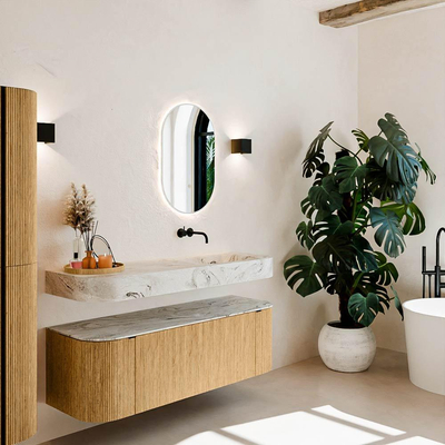 MONDIAZ THOR-DLUX 140cm meuble de salle de bains arrondi gauche + droite couleur Oak avec 1 tiroir et 2 portes. Vasque suspendue CLOUD droite sans trou de robinet couleur Glace.