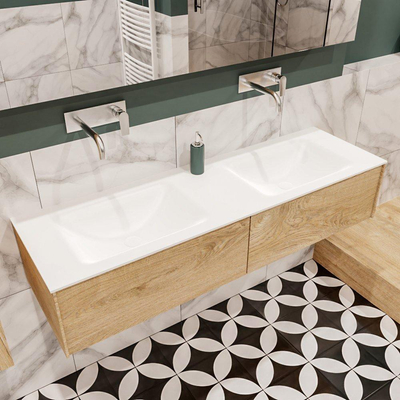 MONDIAZ LUSH Ensemble de meuble salle de bain - 150cm - 2 tiroirs - lavabo cloud - 2 lavabos - 0 trous de robinet - chêne blanchi