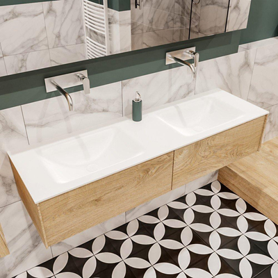 MONDIAZ LUSH Ensemble de meuble salle de bain - 150cm - 2 tiroirs - lavabo cloud - 2 lavabos - 0 trous de robinet - chêne blanchi