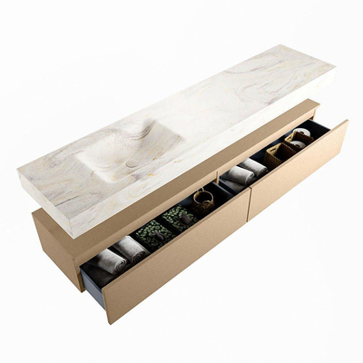 Mondiaz ALAN-DLUX Ensemble de meuble - 200cm - meuble - Oro mat - 2 tiroirs - Lavabo Cloud Ostra suspendu - vasque gauche - 1 trou de robinet - Beige